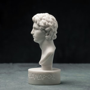 May include: A white marble bust of a man with curly hair, in profile. The bust is mounted on a circular base with the Greek inscription "&Lambda;&Epsilon;&Alpha;&Nu;&Delta;&Rho;&Omicron;&Sigma;". The sculpture is set against a dark background.