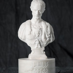 Puede incluir: Busto de mármol blanco de Julio César sobre una base de mármol blanco con la inscripción "JULIUS CAESAR".