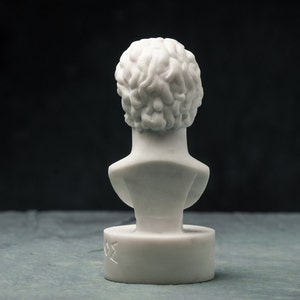 May include: A small, white marble bust of a person, viewed from the back. The sculpture features detailed curly hair and a classic bust design. The bust is mounted on a rectangular base with etched symbols. The background is dark.