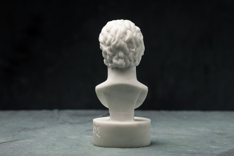 May include: A small, white marble bust of a person, viewed from the back. The sculpture features detailed curly hair and a classic bust design. The bust is mounted on a rectangular base with etched symbols. The background is dark.