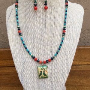 Hand painted vintage Persian bone panel necklace and earring set