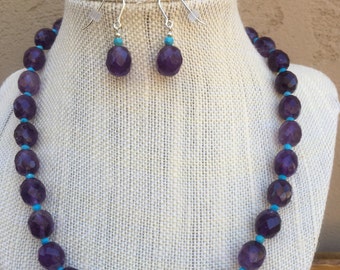 Amethyst, turquoise, sterling silver necklace and earrings