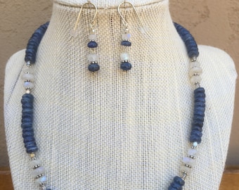 Blue kyanite, rainbow moonstone, sterling silver necklace and earring set