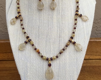 Gold rutilated quartz, garnet, 14k gold fill, vermeil necklace and earrings