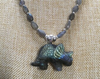 Whimsical Labradorite  Triceratops dinosaur necklaces, choice of gemstones!