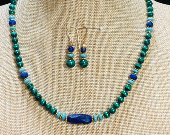 Malachite, Lapis, Turquoise and gold necklace and earring set