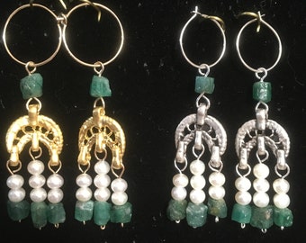 Roman Byzantine style Genuine Emerald, Freshwater Pearls triple drop earrings with gold or silver findings