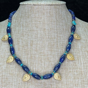 Ancient style Lapis and Turquoise necklace with 22k gold plated pendants