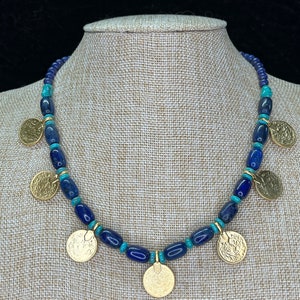 Ancient style Lapis and Turquoise necklace with 22k gold plated coin pendants