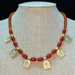 Ancient style Carnelian necklace with 22k gold plated pendants