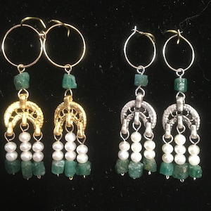 Roman Byzantine style Genuine Emerald, Freshwater Pearls triple drop earrings with gold or silver findings