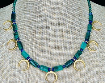 Ancient Style Malachite necklace with 22k gold plated crescent moon pendants