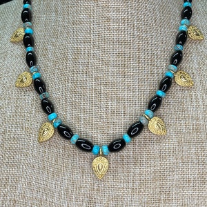 Ancient style Onyx and Turquoise necklace with 22k gold plated pendants
