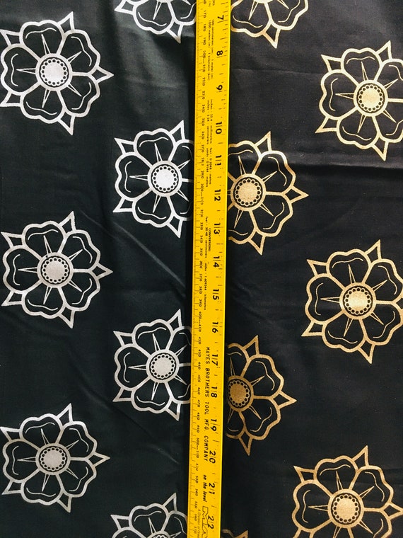 5 yards black cotton with metallic gold or silver heraldic rose print