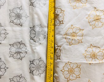5 yards white with metallic gold or silver heraldic rose block print cotton fabric