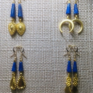 Bronze Age & Iron Age style natural Lapis cone earrings with gold pendants
