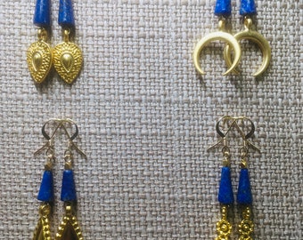 BronzeZeit & Eisenzeit Stil natürliche Lapis Zapfen Ohrringe mit gold Anhängern