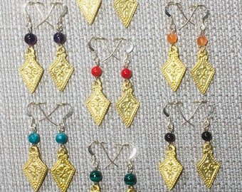 Bronze & Iron Age style 22k gold plate earrings with a choice of gemstone beads