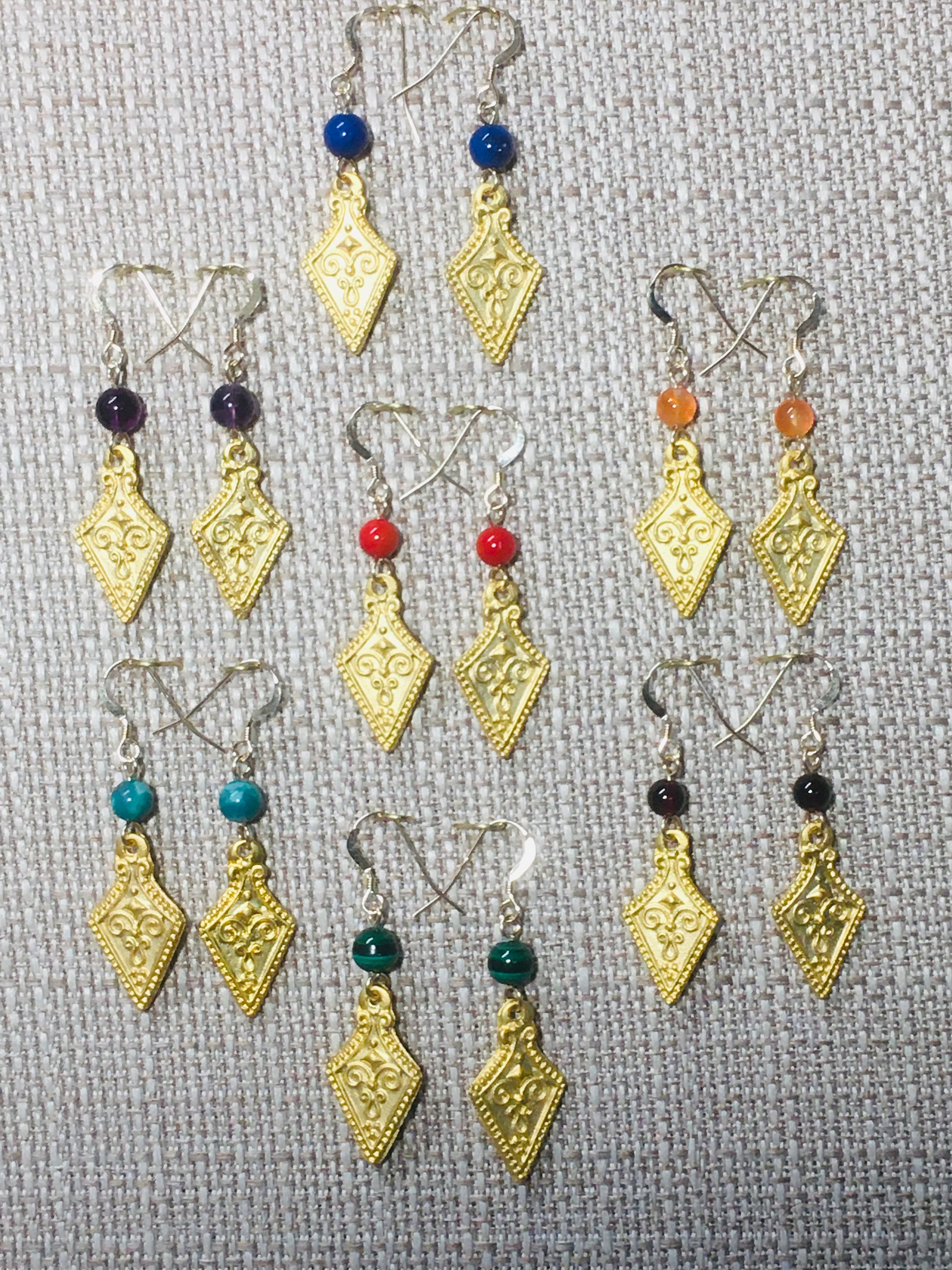 Bronze Age style 22k gold plate earrings with a choice of gemstone beads
