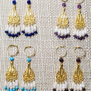 Ancient style earrings with genuine pearls and choice of gemstones, 22k gold plate and 14k gold fill