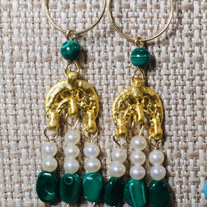 Roman Byzantine style triple drop earrings with genuine pearls and a variety of natural gemstones Malachite/Pearl