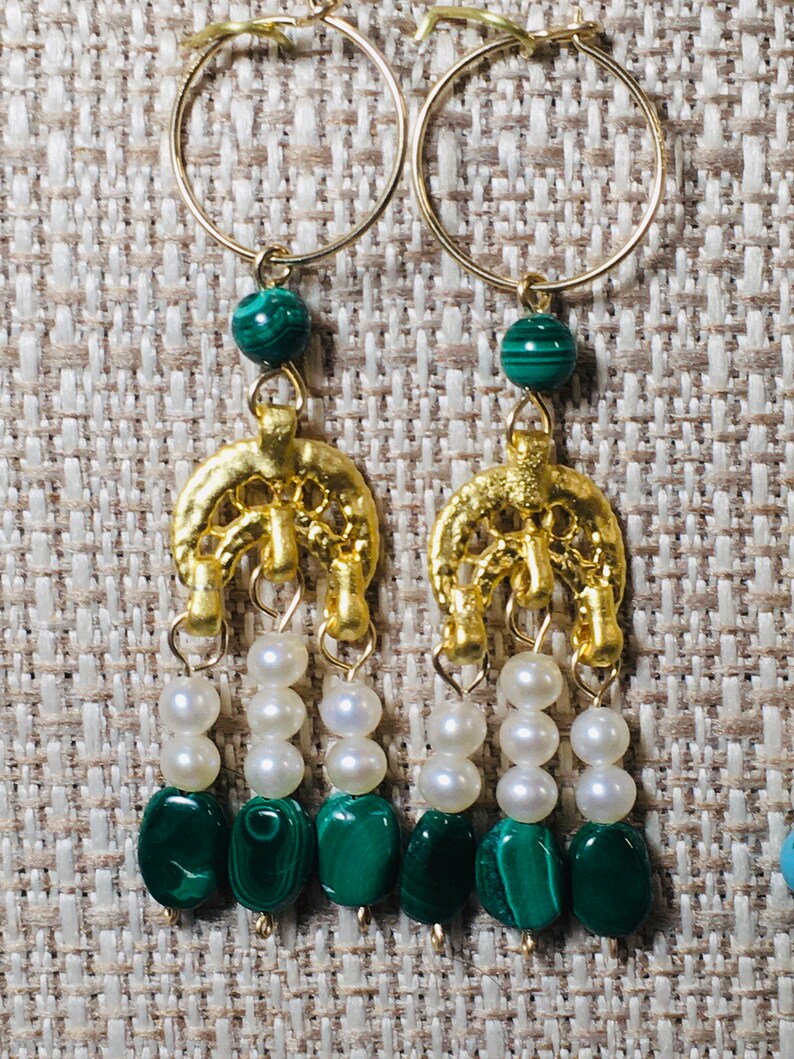 Roman Byzantine style triple drop earrings with genuine pearls and a variety of natural gemstones Malachite/Pearl