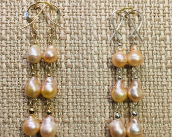 Natural pink freshwater 3 drop pearl earrings with 14k Gold fill or Sterling Silver beads