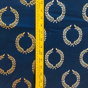 5 yards Blue Laurel Wreath print cotton with Metallic Gold or Silver