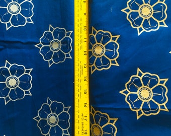 5 yards blue cotton with metallic gold or silver heraldic rose block print