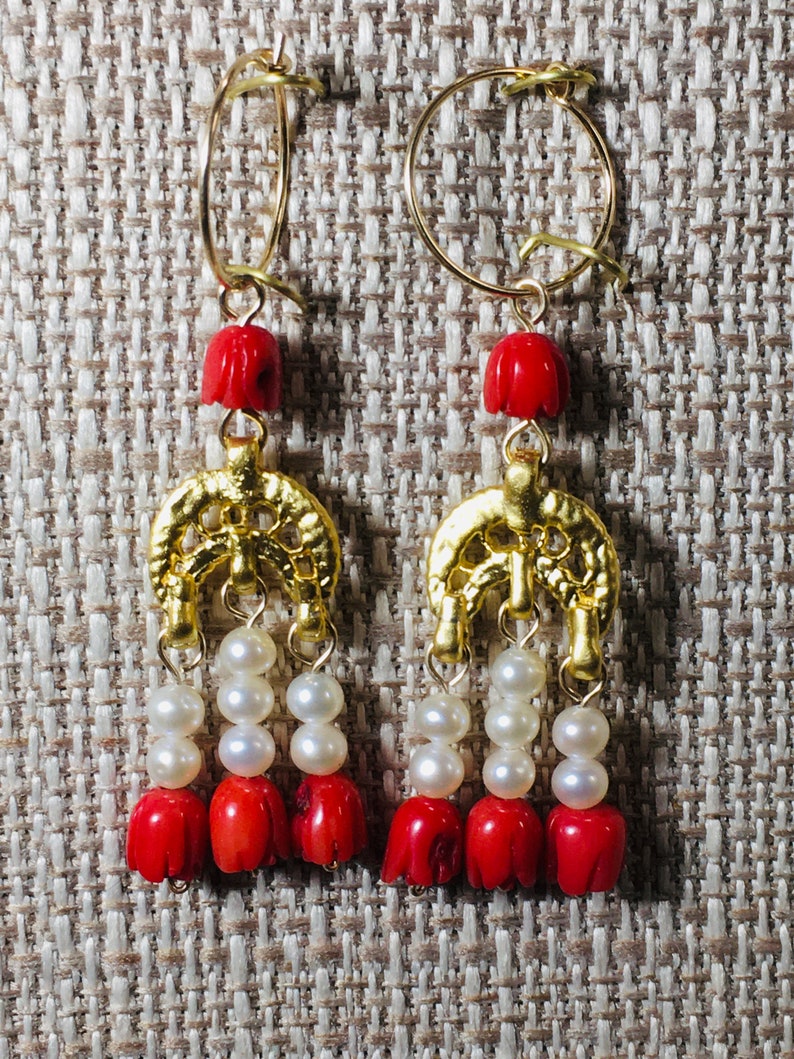 Roman Byzantine style triple drop earrings with genuine pearls and a variety of natural gemstones Coral/Pearl