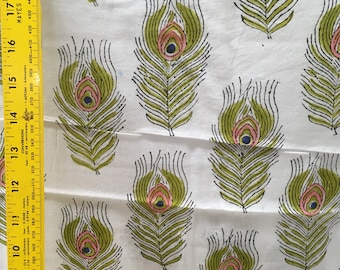 5 yards block printed peacock feather Indian cotton
