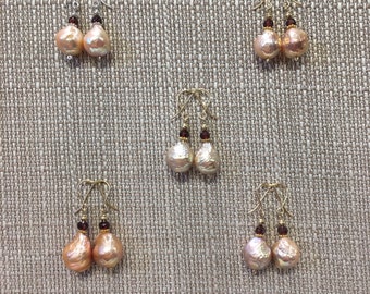 Spectacular Pink/Gold metallic nacre Edison Pearl and Garnet earrings!