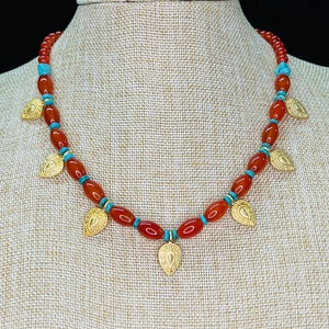 Ancient style Carnelian and Turquoise necklace with multiple 22k gold plated pendants