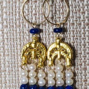 Roman Byzantine style triple drop earrings with genuine pearls and a variety of natural gemstones Lapis/Pearl