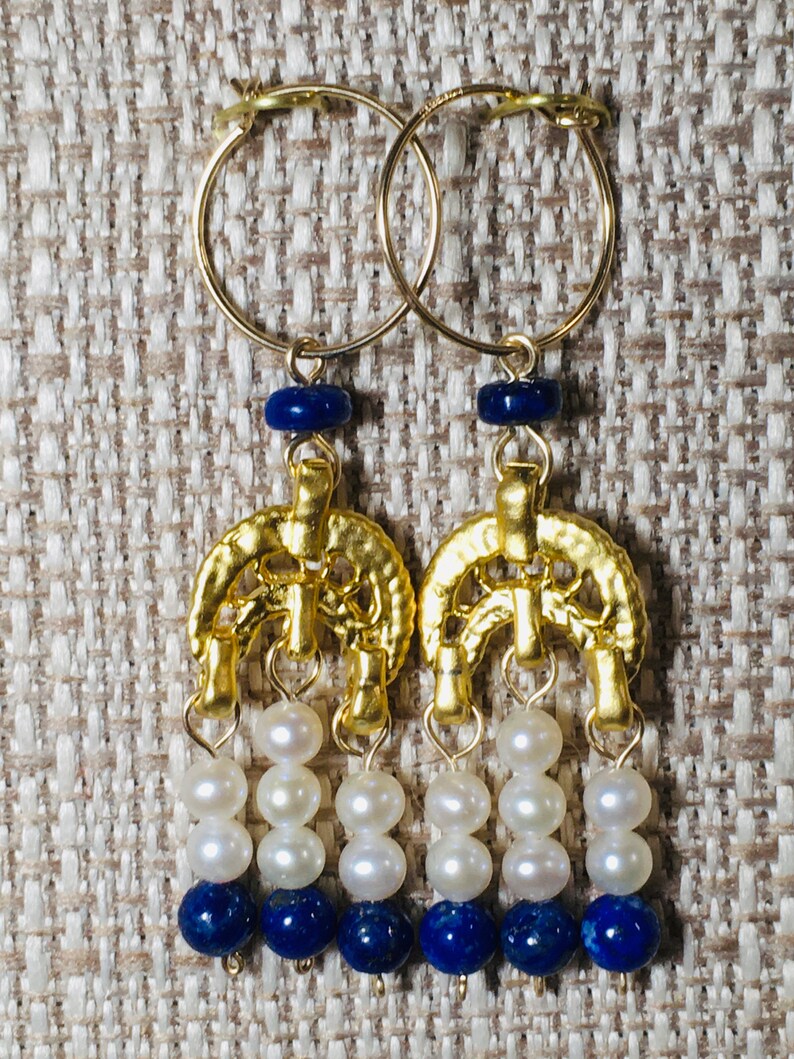 Roman Byzantine style triple drop earrings with genuine pearls and a variety of natural gemstones Lapis/Pearl