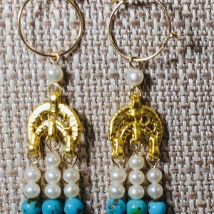 Roman Byzantine style triple drop earrings with genuine pearls and a variety of natural gemstones Turquoise/Pearl