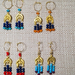 Roman Byzantine style genuine stone 3 drop earrings with 22k gold plate