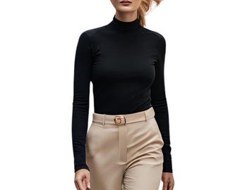 Handmade Cotton Spandex Mock Neck Top: Long Sleeve Knit Tee - Custom Length