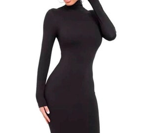 Fitted Midi Dress, High Neck Pencil Dress, Turtleneck Dress, Knee Length Dress, Phoebe Dress Cotton Bodycon Long Sleeve Dress