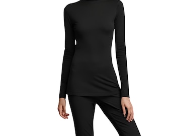 Handmade Cotton Spandex Turtleneck Tunic Top: Long Sleeve Tee Blouse