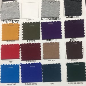 May include: Swatch card showing fabric samples in various colors, including light grey, mustard, red, turquoise, olive, purple, plum, burgundy, mocha, brown, royal blue, teal, and forest green.