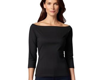 Women’s Boatneck Top – 3/4 Sleeve Cotton Knit Tee, Casual Lightweight Shirt, Custom Fit Lounge Top Tee Shirt Blouse