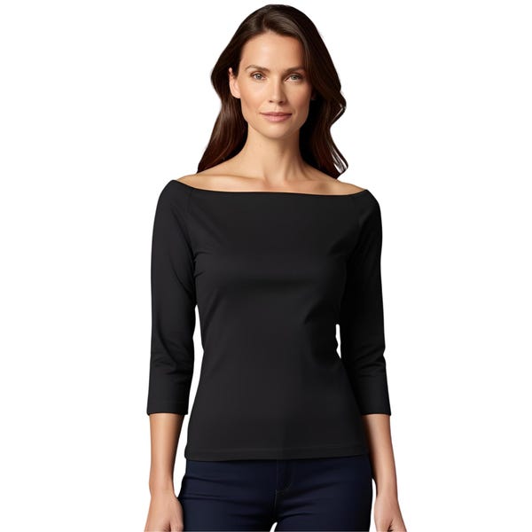 Handmade Cotton Spandex Boatneck Top: Women's 3/4 Sleeve Knit Tee