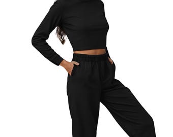 Handmade Cotton Spandex Crop Top: Long Sleeve Knit Mock Neck - Custom Length