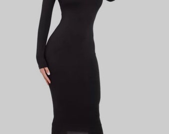 black tight turtleneck dress