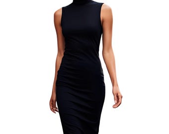 Sleeveless Turtleneck Bodycon Dress: Handmade Cotton Midi Dress