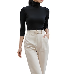 Women Turtleneck Top 3/4 Sleeves Turtleneck Shirt Blouse Knit Tee Shirt Top Sweater Casual Top Tee Custom Length