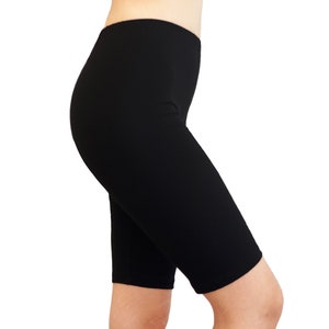 May include: Black cycling shorts made of a stretchy fabric. The shorts are mid-thigh length and have a smooth, seamless finish.