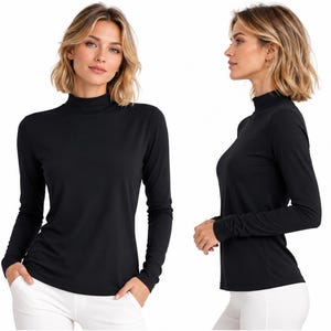 May include: A solid black long-sleeve shirt featuring a mock neck collar. The garment is shown from both a front-facing perspective and a side profile view, highlighting the fitted silhouette and the smooth, plain fabric construction of the top.