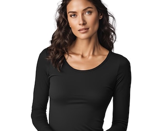 Handmade Cotton Spandex Scoop Neck Top: USA Made Long Sleeve Tee - 32 Colors